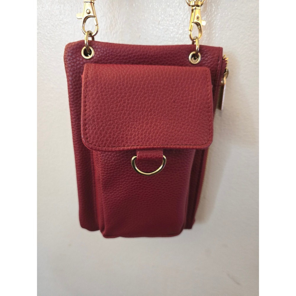 Wine Red Pebbled Vegan Leather Crossbody Phone Bag Wallet‎ Gold Hardware, new